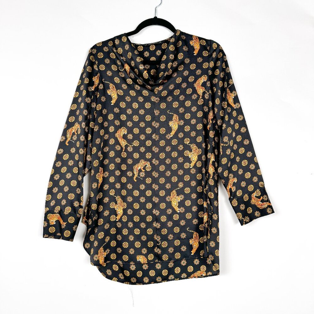 NWT Zara basic tiger print satin cowl neck blouse sz XS